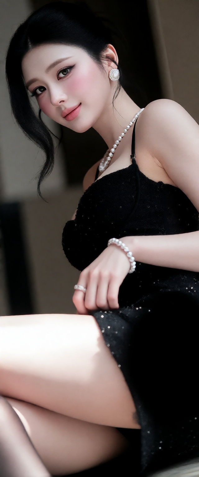 1girl solo looking at viewer smile black hair dress jewelry earrings necklace side view thighs above low-angle viewer ass...