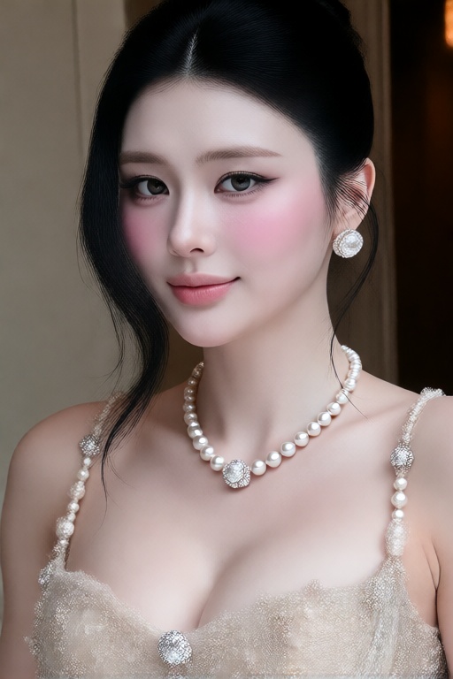1girl solo looking at viewer smile breasts black hair dress jewelry earrings necklace lips pale skin realistic pearl neckl...