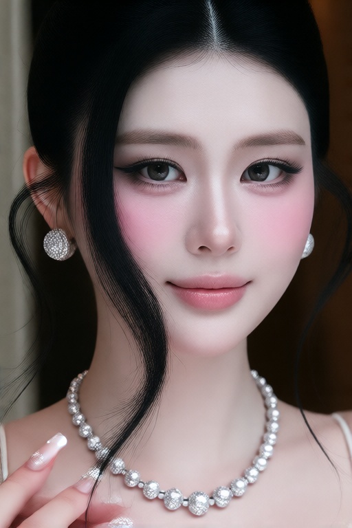 1girl solo smile black hair jewelry earrings necklace lips pale skin realistic on Tensor.Art