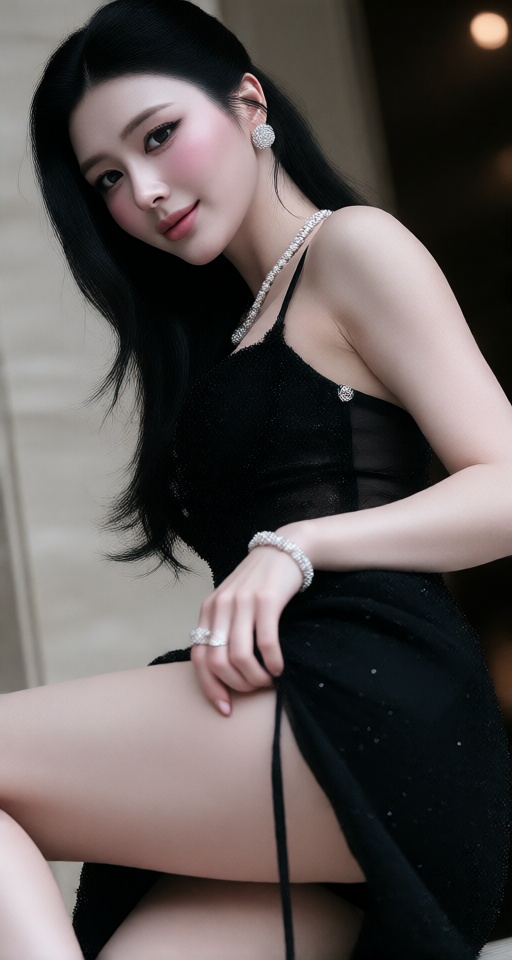 1girl solo looking at viewer smile black hair dress jewelry earrings necklace side view thighs above low-angle viewer ass...