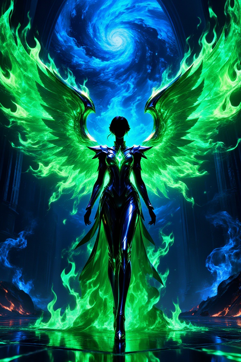 A beautiful Angel,  Green fire Wings,  mystical_flame on Tensor.Art