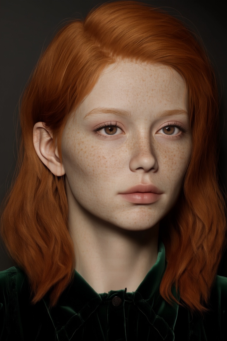 @zbrush_art,  This image features a portrait of a person with striking red hair and freckles,  set against a dark backgrou...