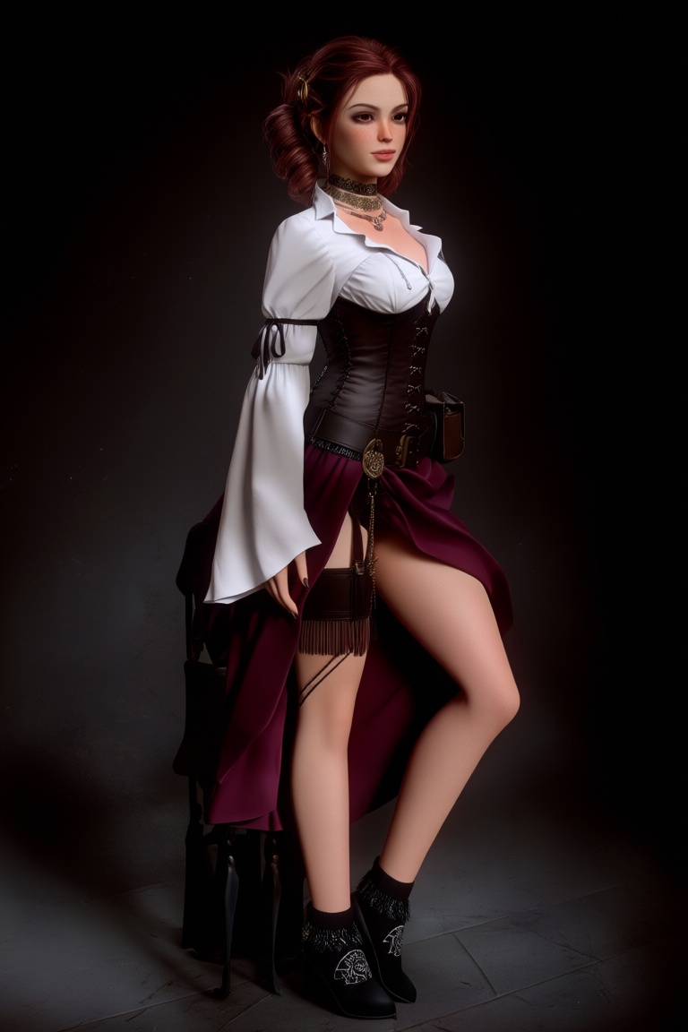 @zbrush_art,  The image you're describing features a young woman posing confidently in a striking,  eclectic outfit that b...