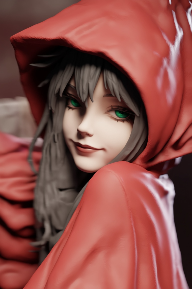 @zbrush_art,  The image features a highly detailed 3D model of a character with striking green eyes and long,  gray hair o...