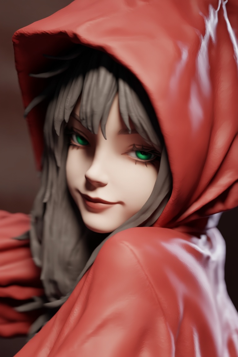 @zbrush_art,  The image features a highly detailed 3D model of a character with striking green eyes and long,  gray hair o...