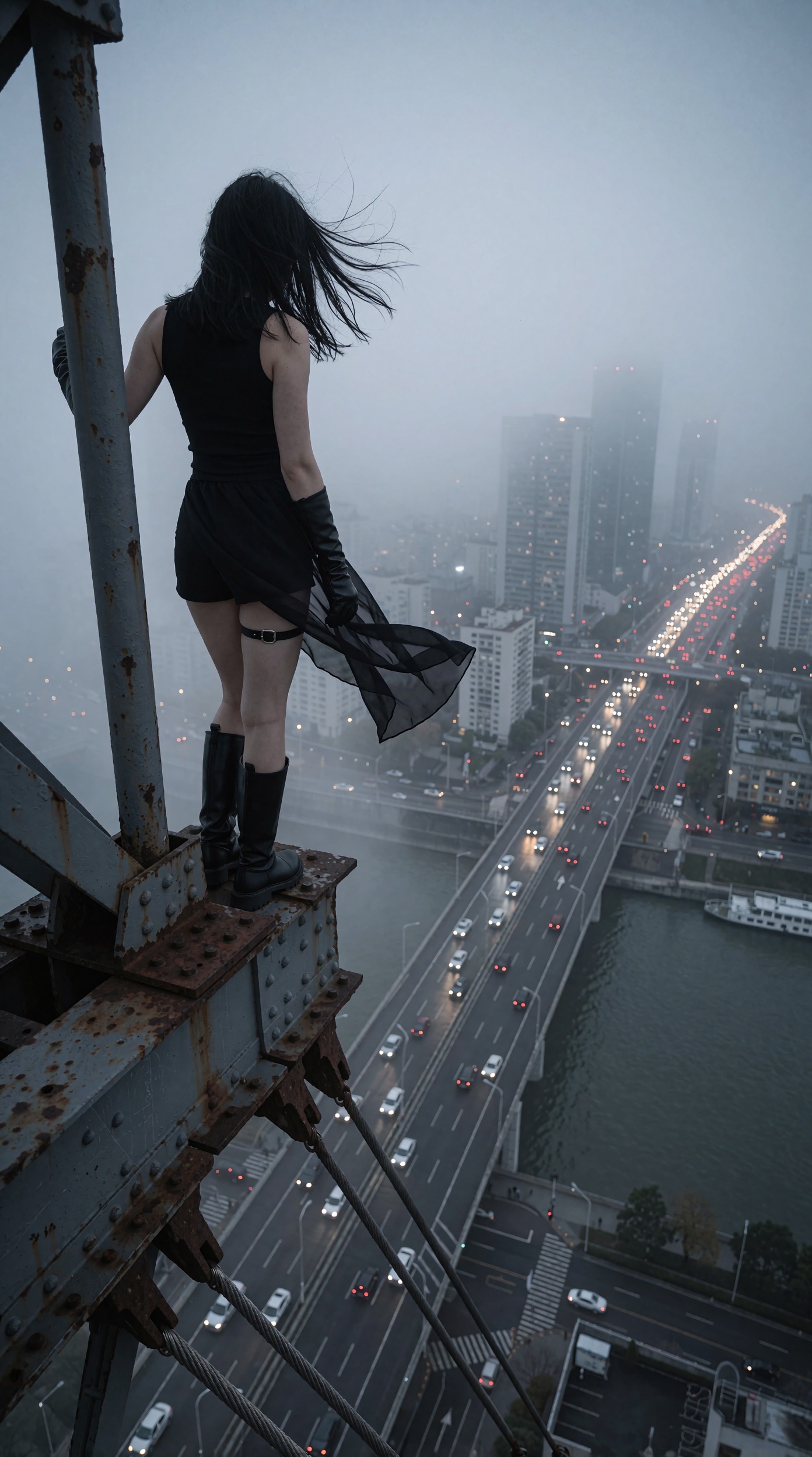 A photorealistic vertical cinematic photograph taken at dusk from a high angle,  positioned just behind and above the subj...