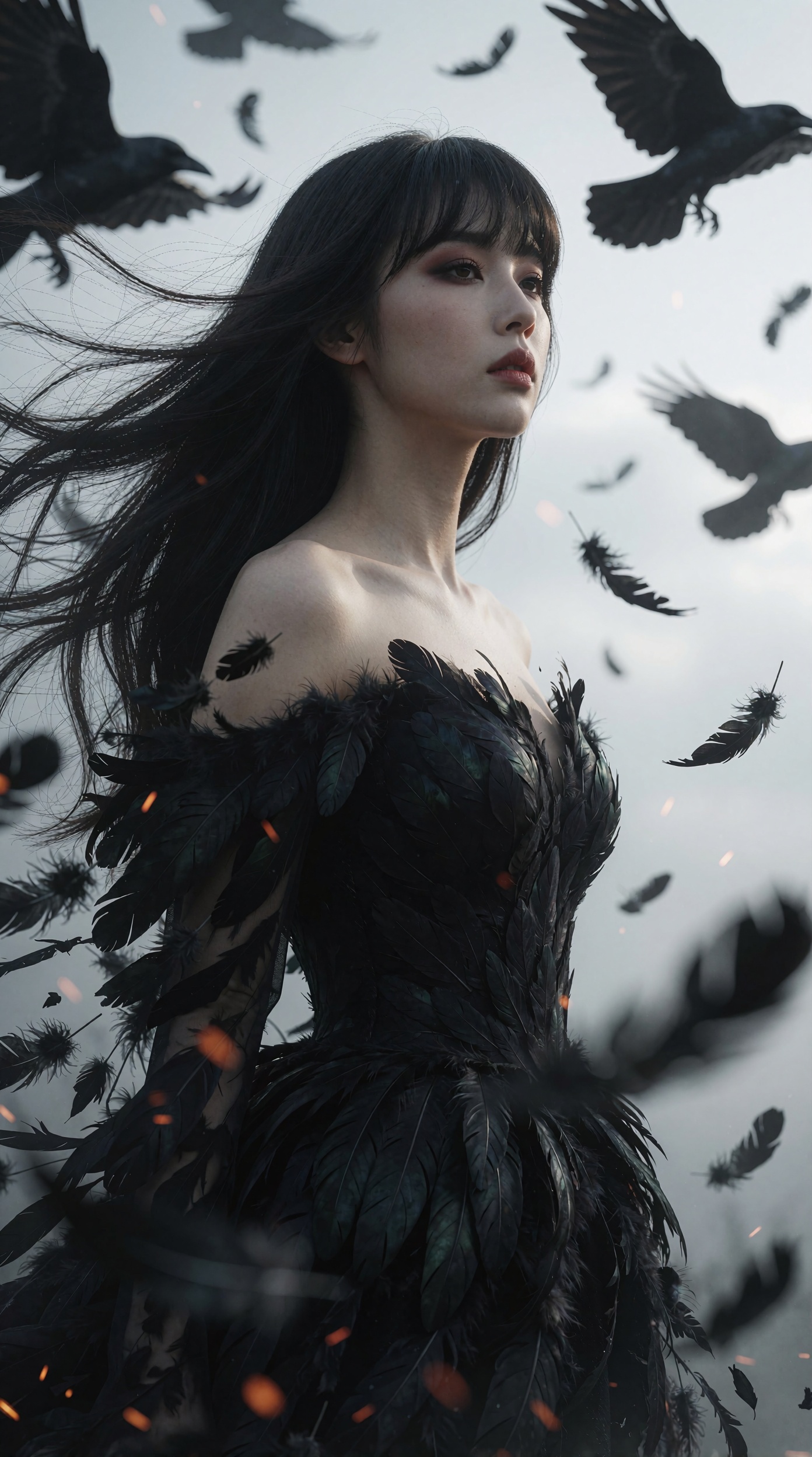A hyper-realistic 9:16 vertical cinematic dark fantasy portrait with a melancholic,  dreamlike mood. Slightly left of cent...