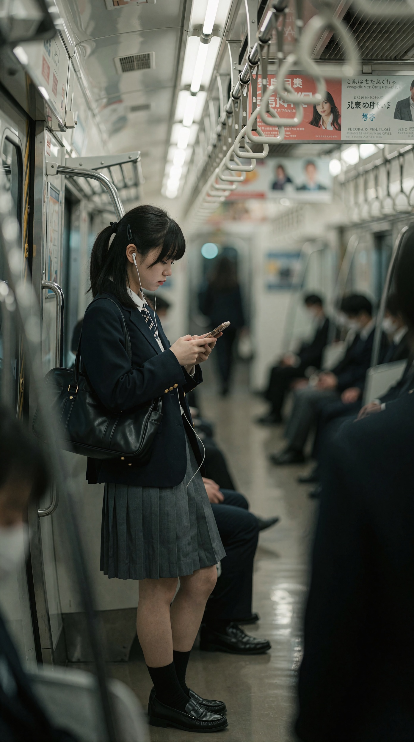 A photorealistic 9:16 vertical cinematic photograph inside a Japanese commuter train at night,  taken candidly at eye leve...