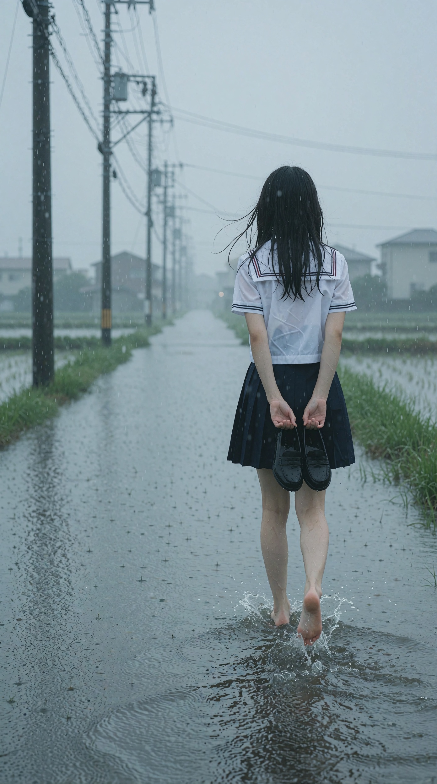 Create a photorealistic vertical image that feels like the closing scene of a Japanese indie film: on a gray,  rainy after...
