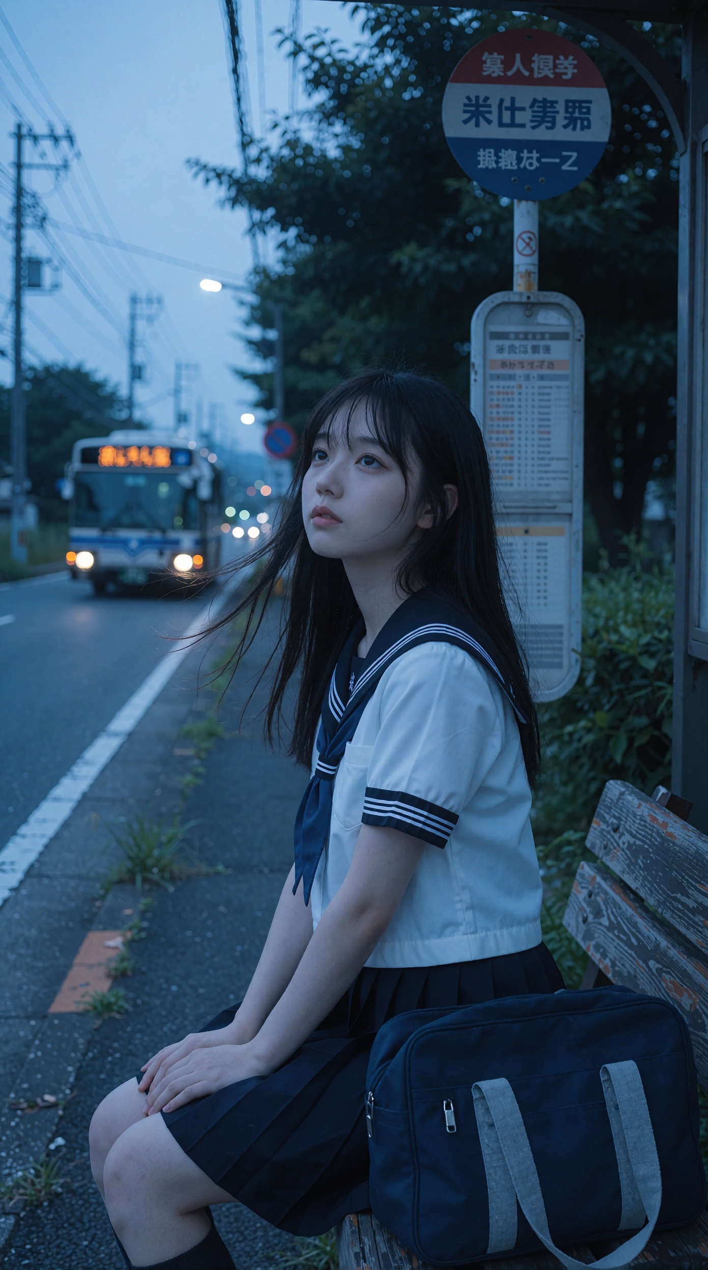 A photorealistic vertical cinematic photograph taken at blue hour at a quiet suburban bus stop in Japan,  with a lonely,...