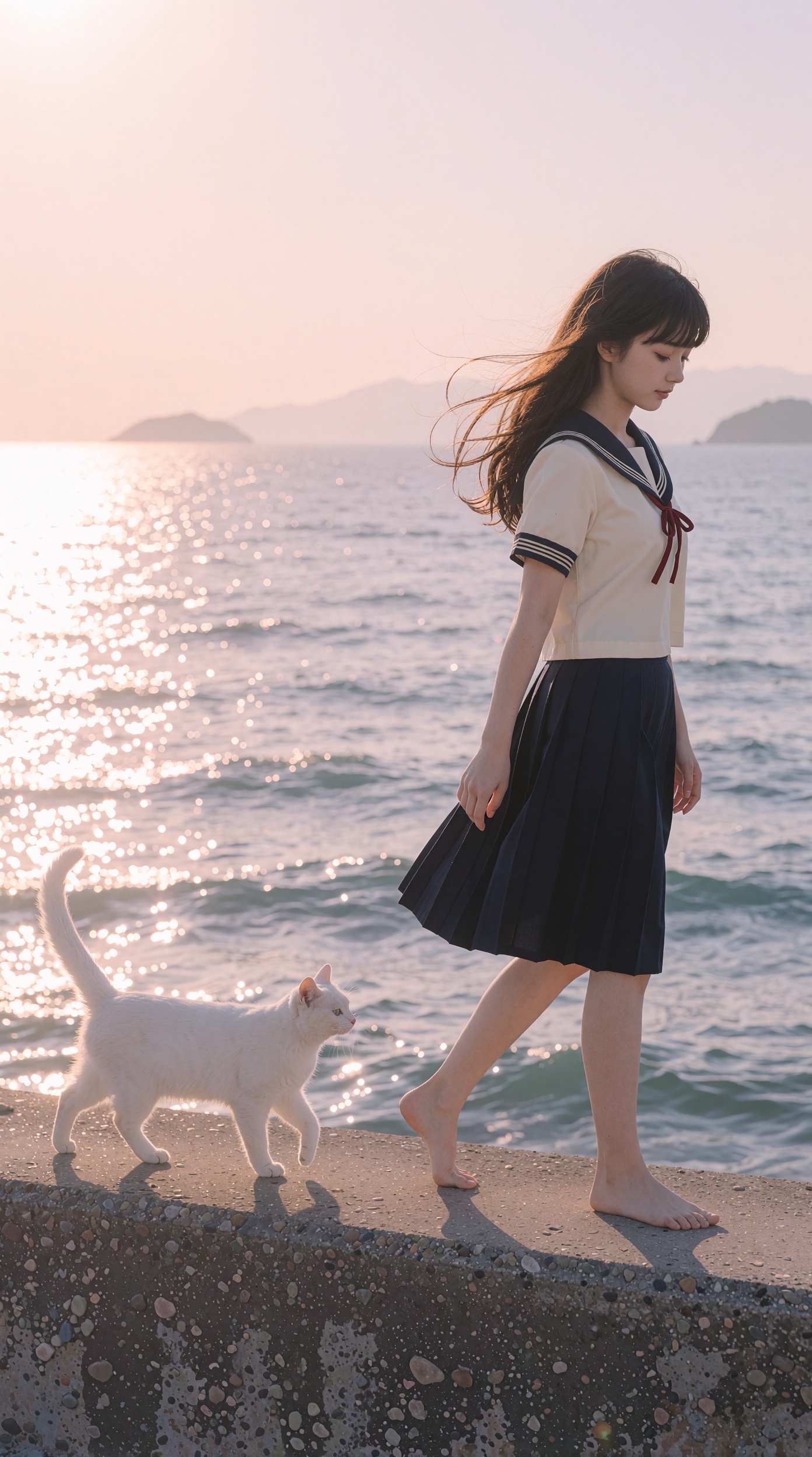 A photorealistic,  dreamy 6:5 horizontal photograph taken at golden hour by the sea,  shot from the side at eye level with...