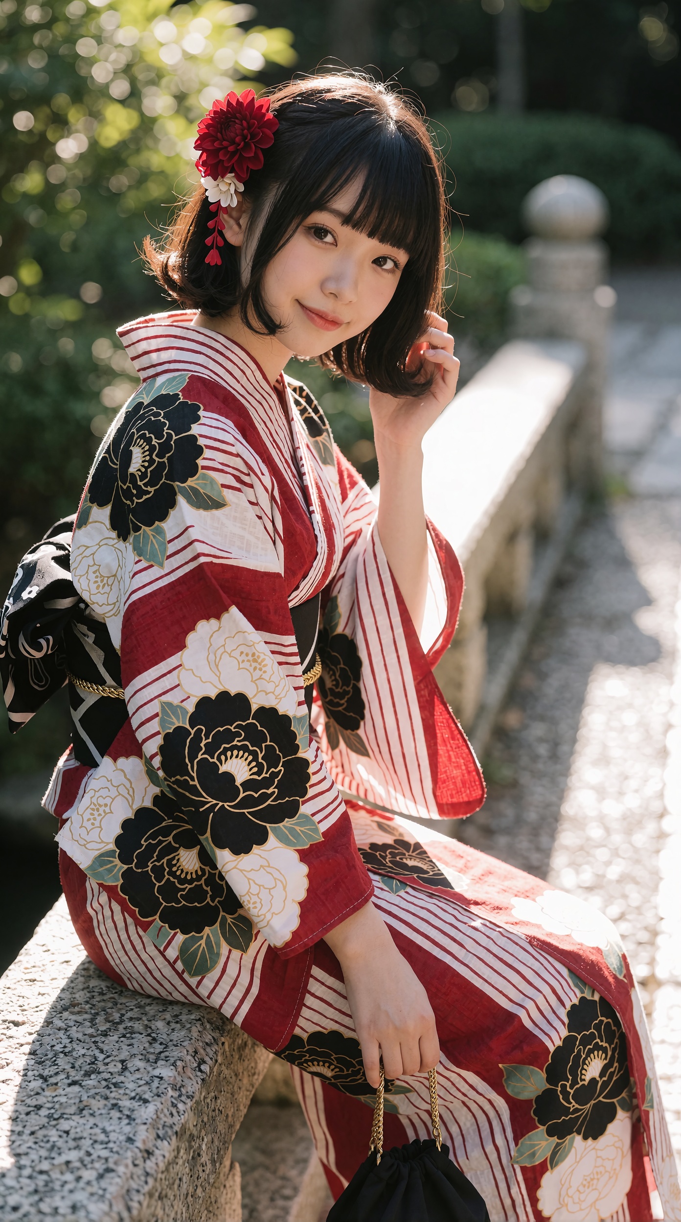 Japanese summer portrait photography,  a young woman sitting sideways on a granite stone bridge railing in a shrine garden...