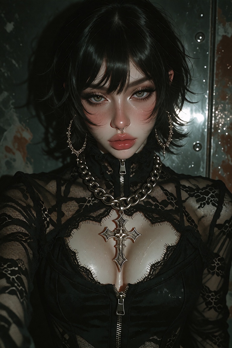 The image shows a woman with short black hair,  wearing a black lace outfit with a zipper and intricate designs. She has a...