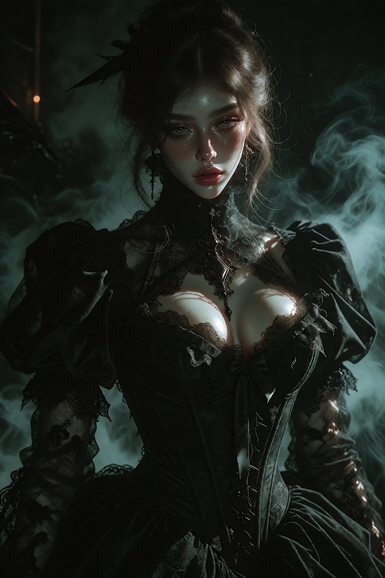 A dark,  unsettling digital masterpiece of a strikingly pale,  fair-skinned woman with an eerie and haunting gaze. She is...