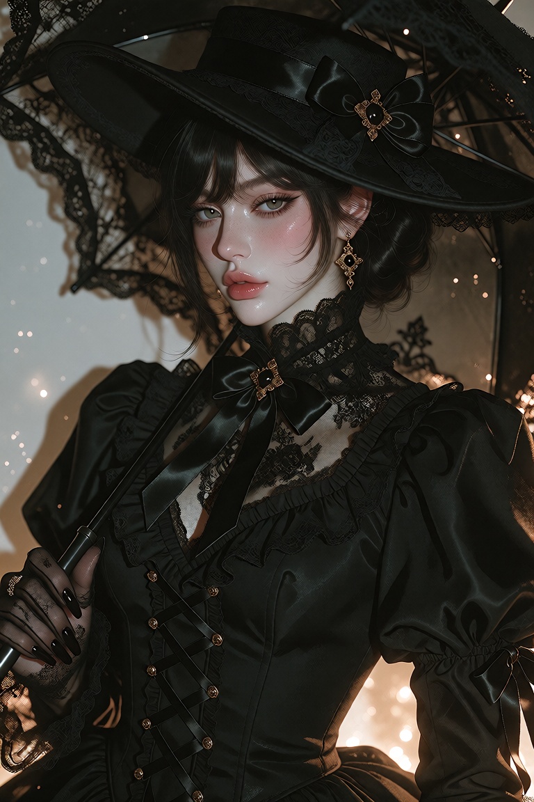The image depicts a woman dressed in a gothic-style outfit. She is wearing a black hat with lace detailing and a black dre...