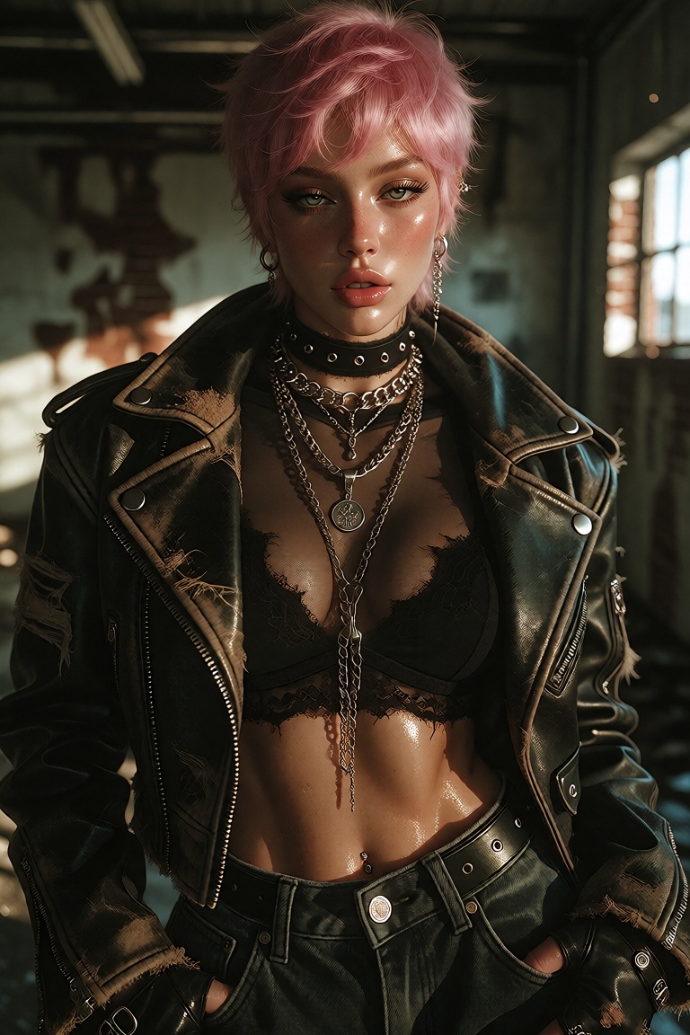 A photorealistic cowboy shot of a confident woman with a sharp,  pink pixie cut. She is wearing edgy alternative fashion,...