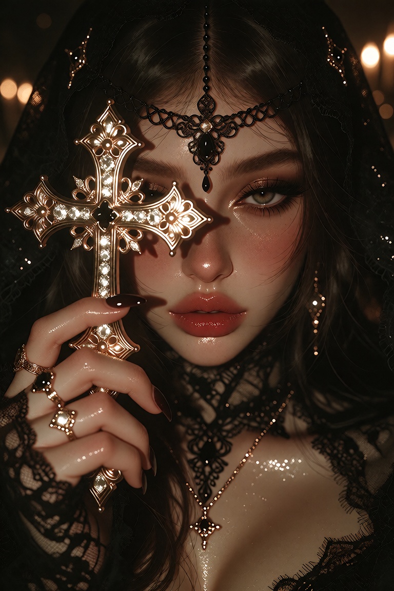 The image depicts a woman with long dark hair,  wearing a decorative black headpiece adorned with intricate lace designs....