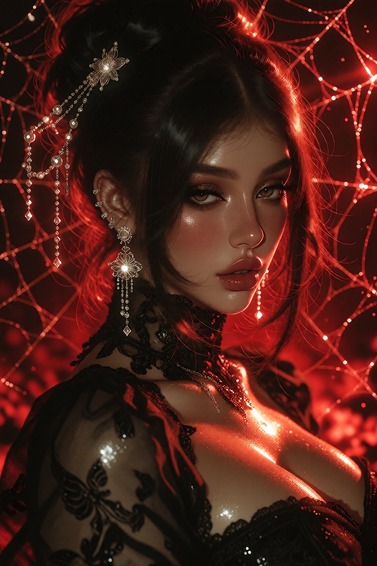 The image features a woman with long,  dark hair styled in an elaborate updo,  adorned with sparkling hair accessories. Sh...