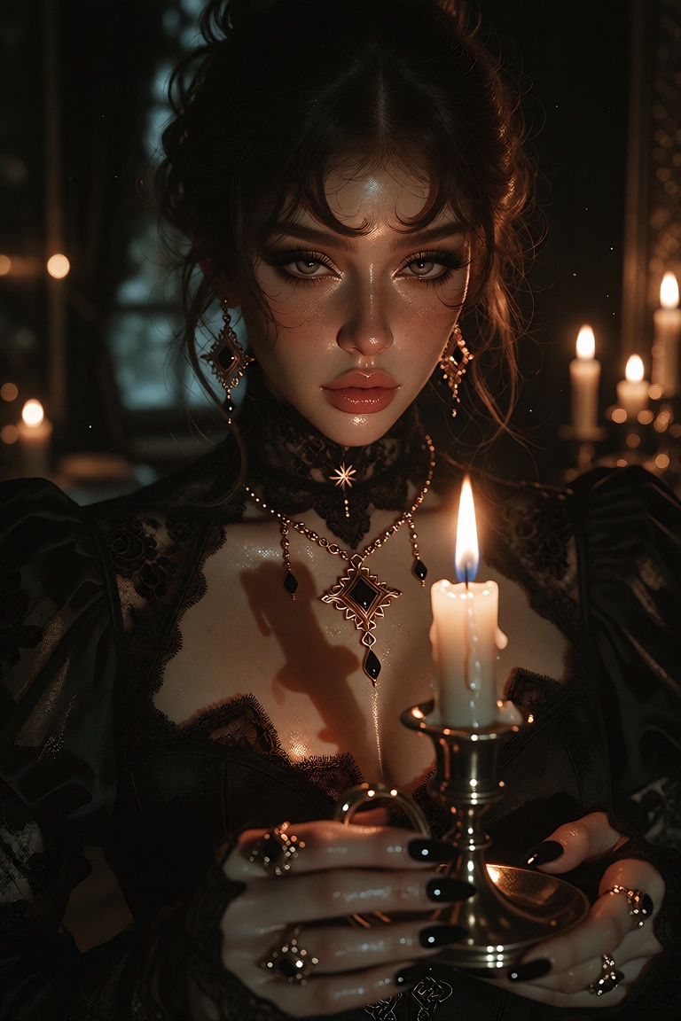 The image depicts a woman dressed in a dark,  elegant outfit with intricate jewelry,  including a necklace and earrings. S...