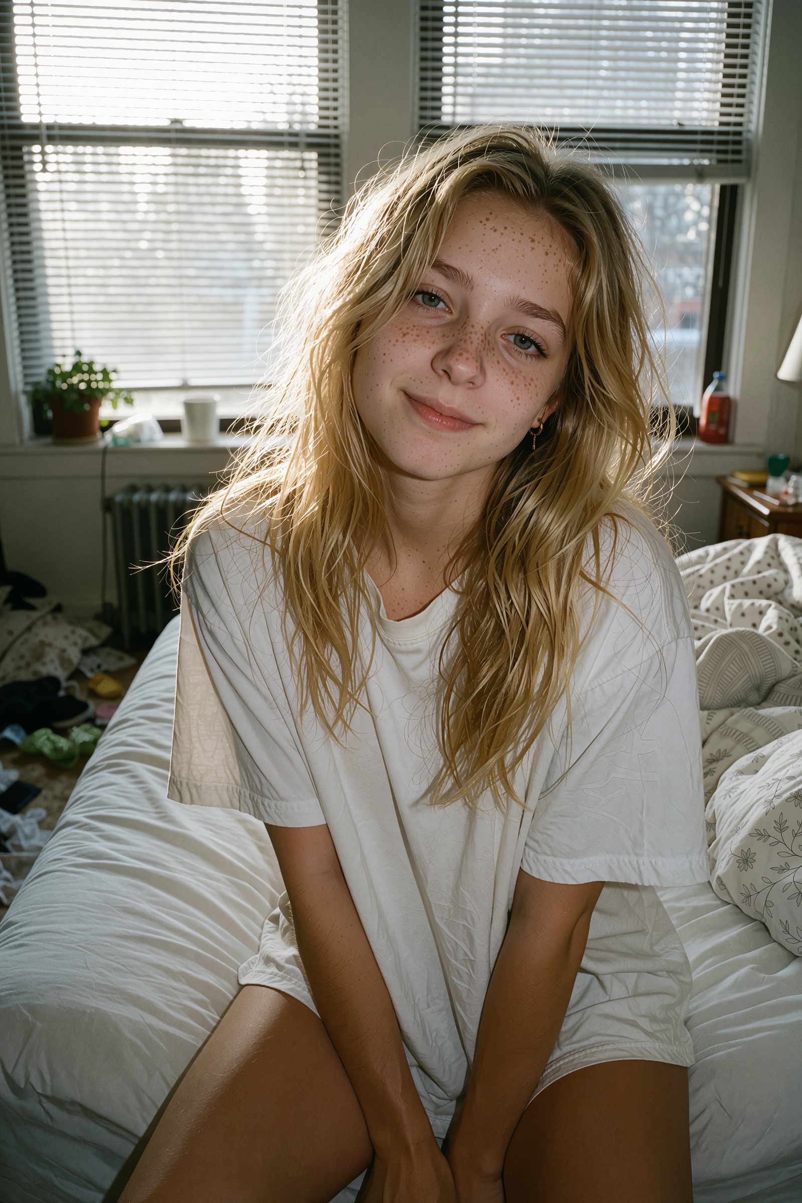 candid smartphone photo,  young woman in her early 20s just woken up,  messy blonde hair on Tensor.Art