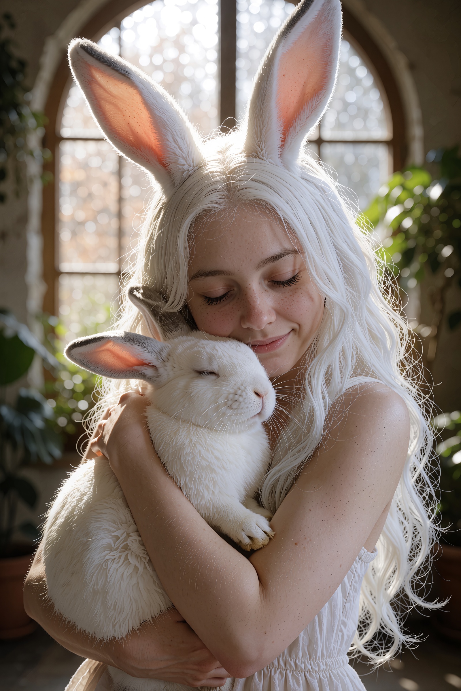 Photograph of a young woman with pale skin,  long wavy white hair,  and white rabbit ears on Tensor.Art