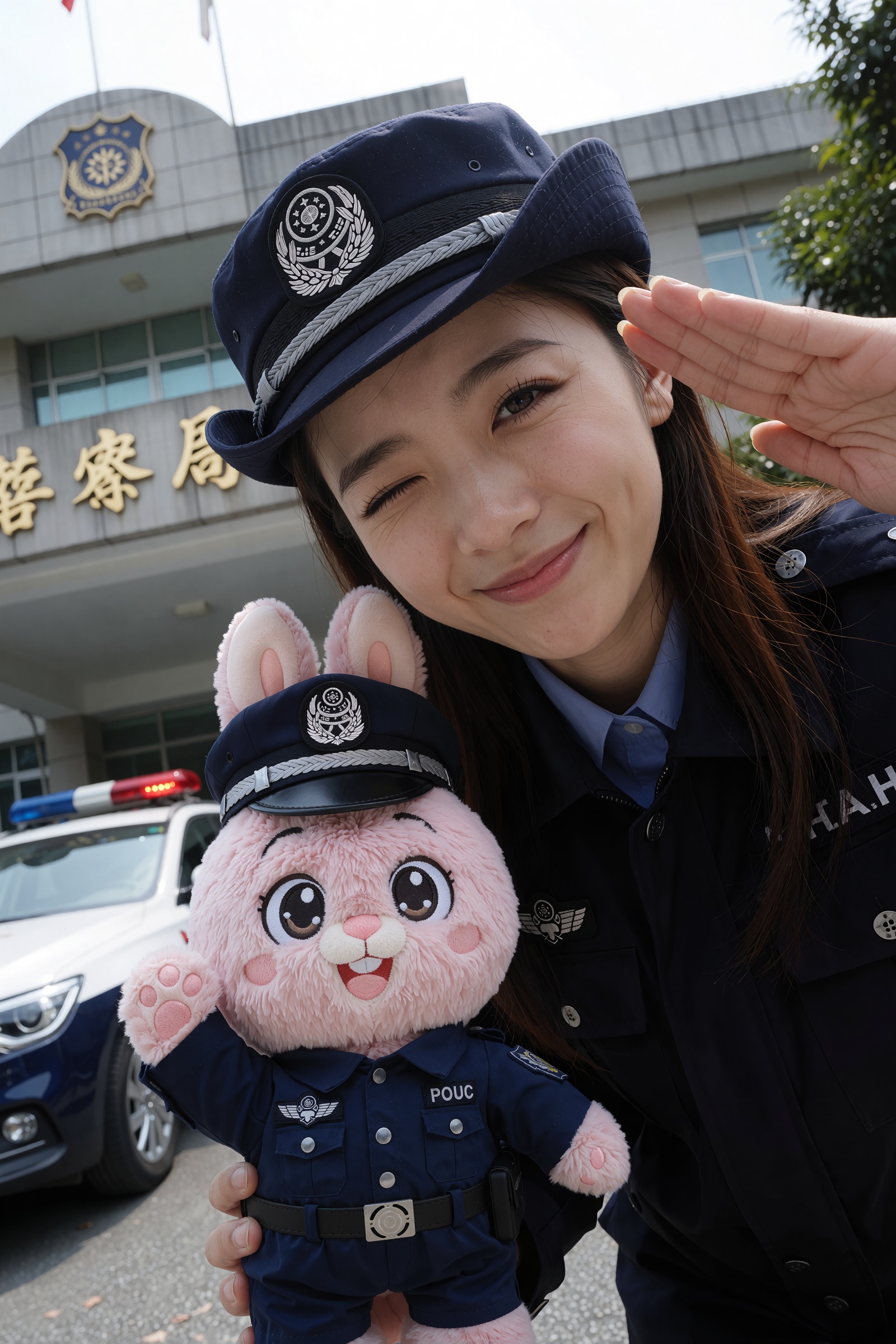 一名年輕亞裔女性,  大約二十幾歲,  穿著深藍色警服 on Tensor.Art