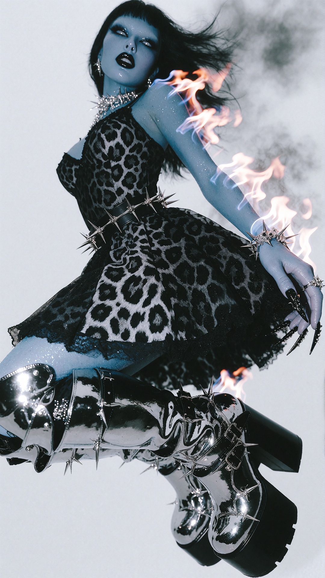 Create a surreal,  8K dollskill fashion style image of a Blue She-devil,  a 25-year-old attractive athletic female demon v...