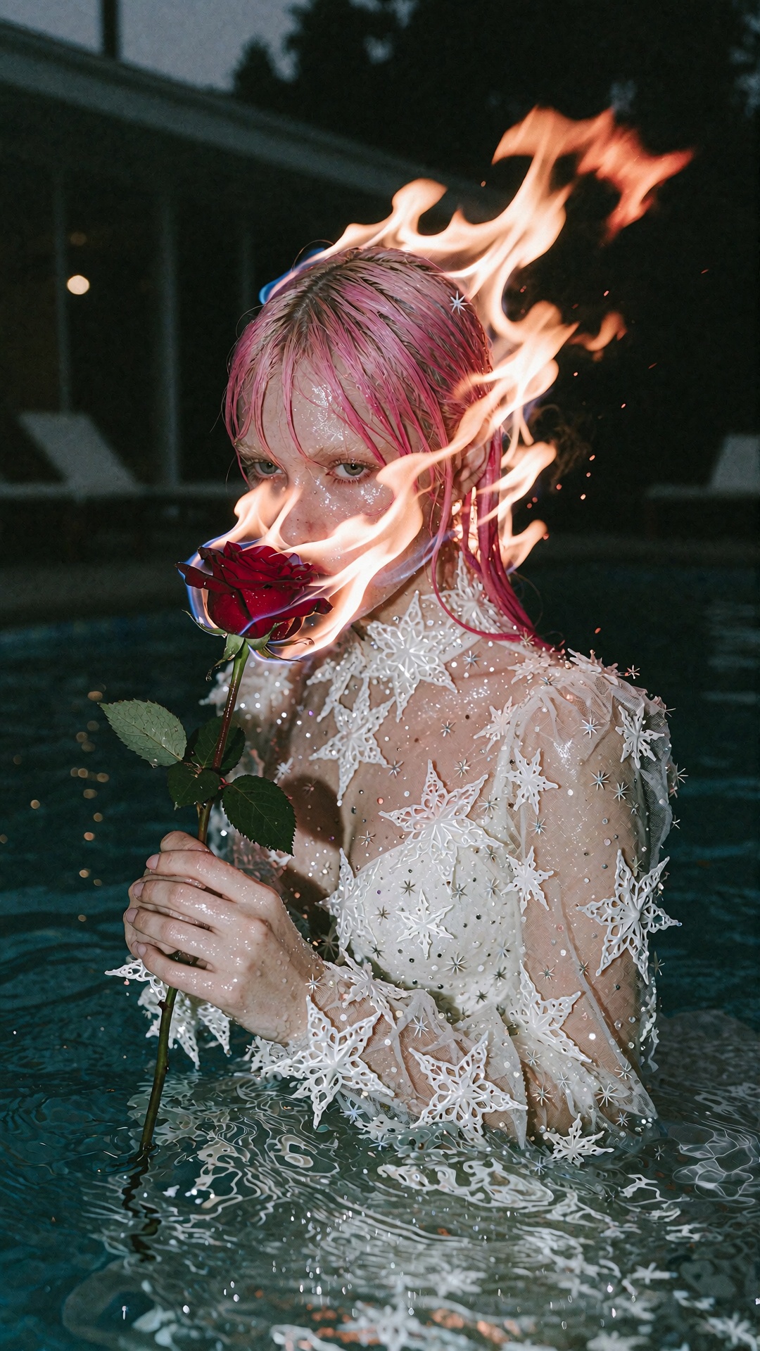 The image depicts a person with highlighter pink hair,  styled in a dramatic fashion. They are holding a single red rose,...