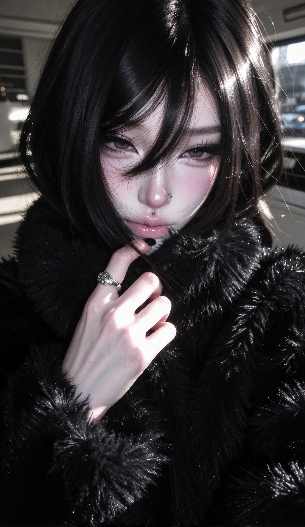 Close-up portrait of a young East Asian woman with long straight black hair and soft bangs partially covering her face,  d...