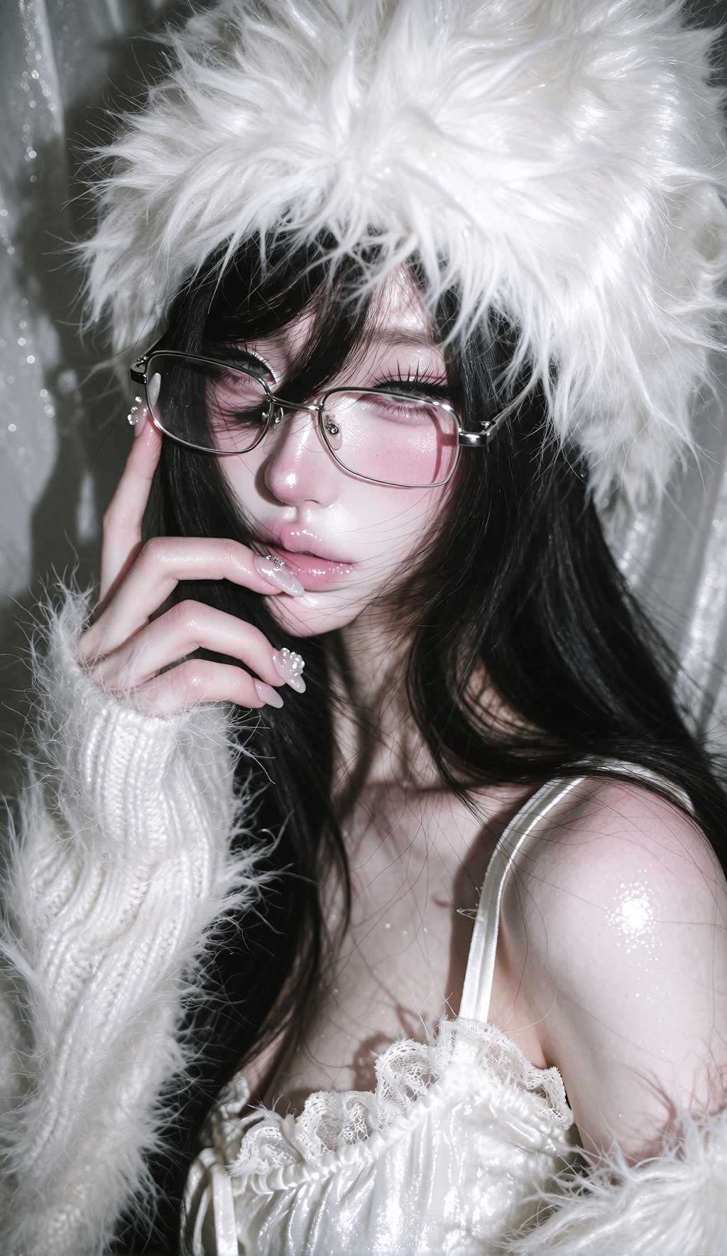 Close-up portrait of a young East Asian woman with long straight black hair,  wearing a large oversized fluffy pure white...