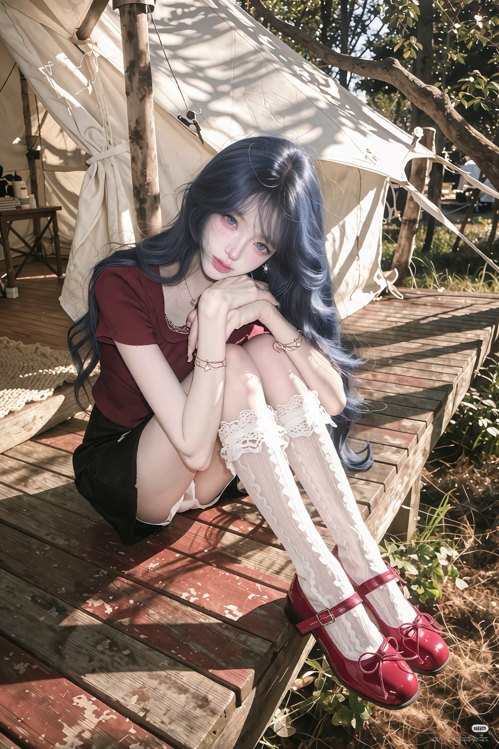 trendy hime cut with soft natural waves,  ,  sharp feline gaze A realistic outdoor lifestyle portrait of a young woman sit...
