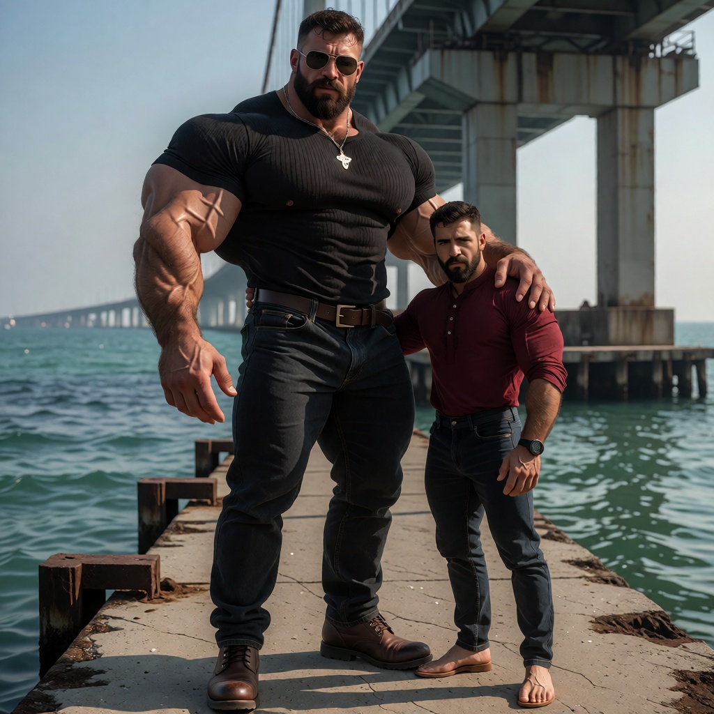 Medium-wide shot from a slightly low angle capturing two ***** men standing side-by-side on a sun-drenched concrete pier e...