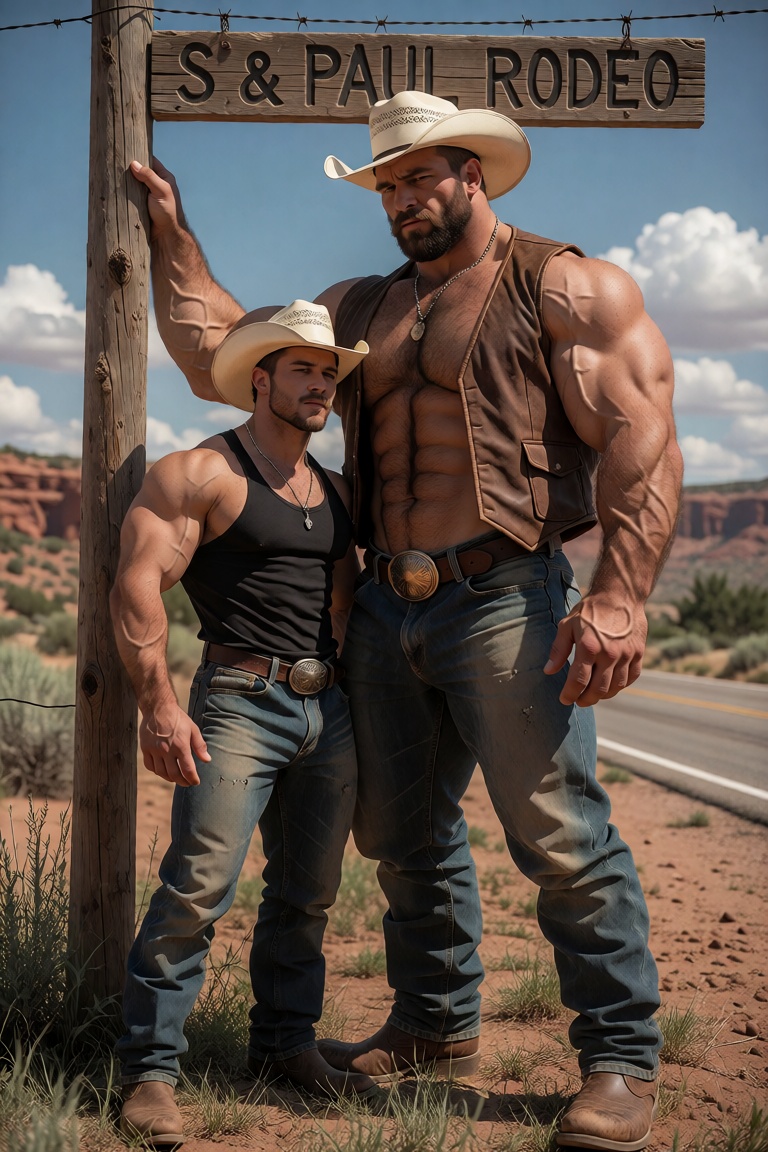 Medium-wide shot,  eye-level framing capturing two ***** men standing side-by-side beneath a weathered,  rustic wooden rod...