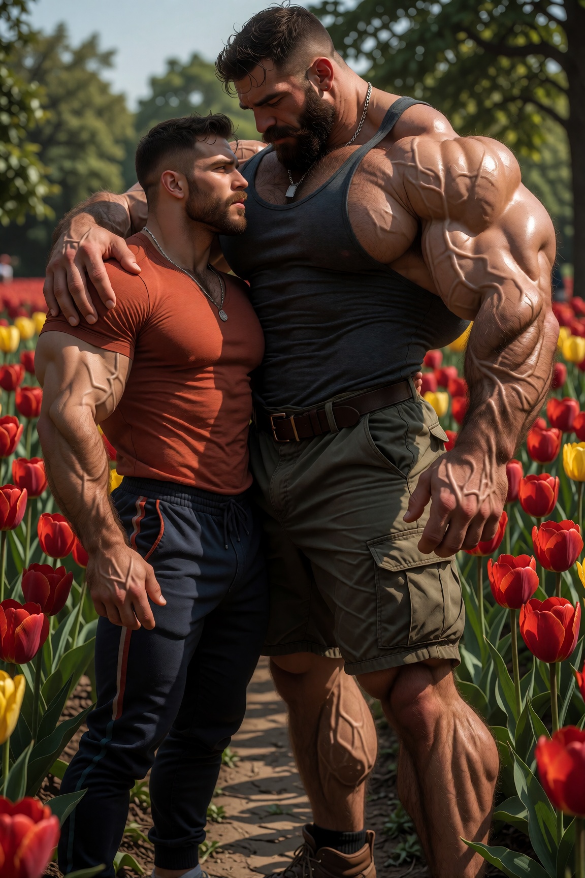 Medium-wide shot,  eye-level framing capturing two ***** men standing closely together amidst a vibrant,  sun-drenched tul...