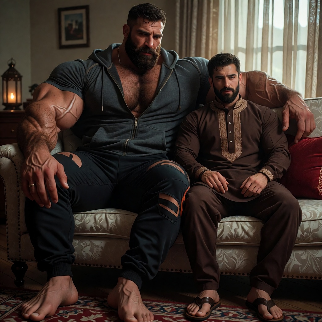Medium close-up,  slightly low-angle shot framing two ***** men seated side by side on a plush cream-colored sofa with orn...