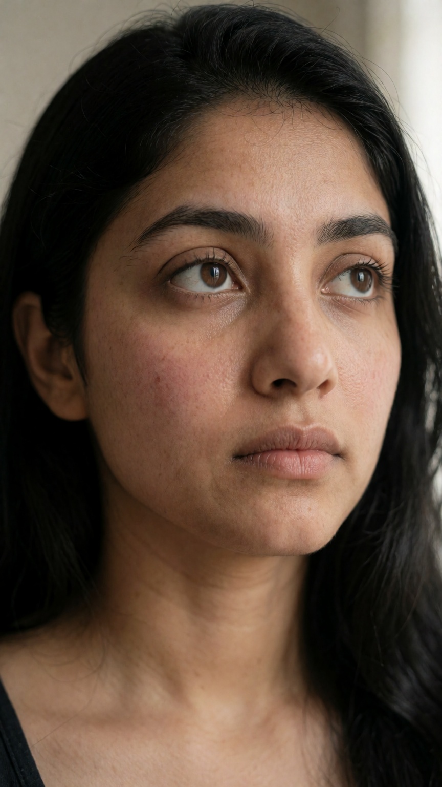 raw photo,  highly detailed,  photorealistic close-up portrait of a young Indian woman with medium warm brown skin showing...