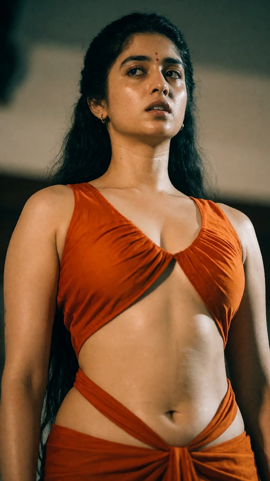 From a ground-level perspective in a classic low-angle shot,  capture a young Indian woman posing seductively outside an o...