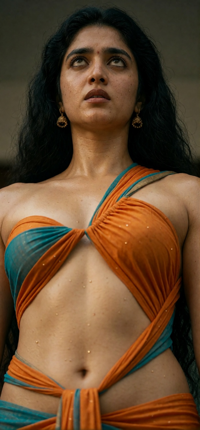 From a ground-level perspective in a classic low-angle shot,  capture a young Indian woman posing seductively outside an o...