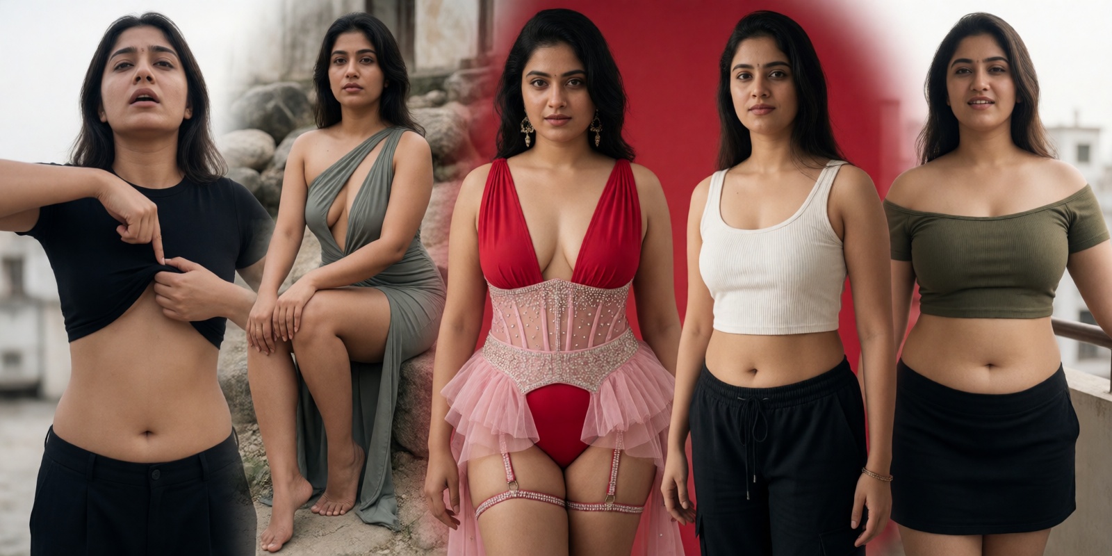 Photorealistic raw camera image of six scenes arranged in a circular cluster around a shared soft center,  seamlessly blen...