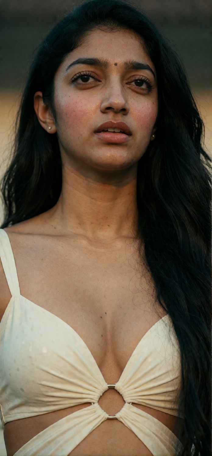 raw photo,  highly detailed,  photorealistic portrait of a young Indian woman with medium warm brown skin showing fine por...