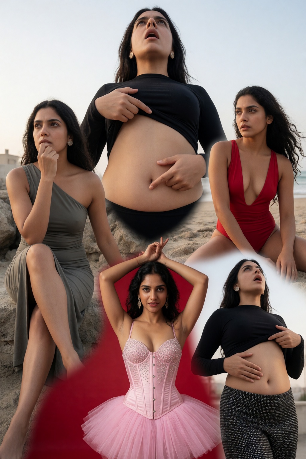 Photorealistic raw camera image of five scenes arranged in a circular cluster around a shared center point,  seamlessly bl...