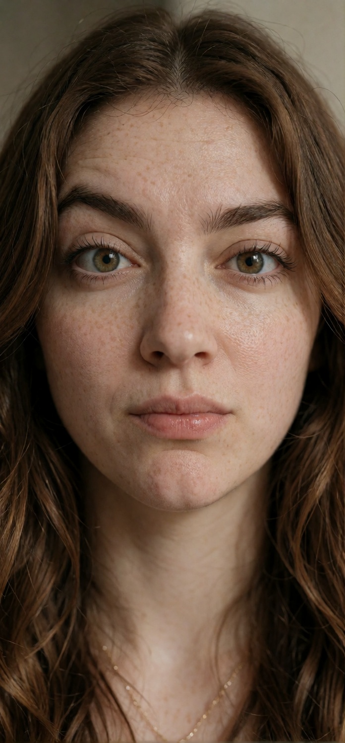 raw photo,  highly detailed,  photorealistic close-up portrait of a young woman with long wavy chestnut-brown hair on Tens...