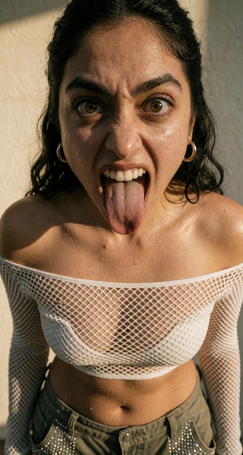 Photorealistic raw camera photograph of a young South Asian woman in Y2K style,  wild crazy expression with wide manic eye...