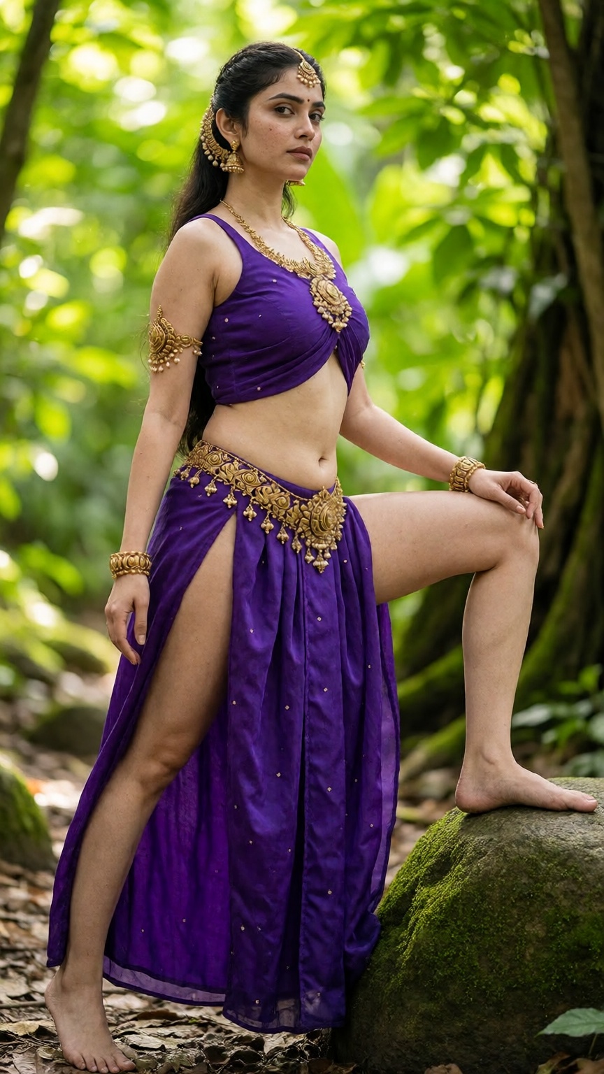 Prompt: A full-body national geographic style fantasy photograph of a mythical woman posing in a wide stance,  one foot re...