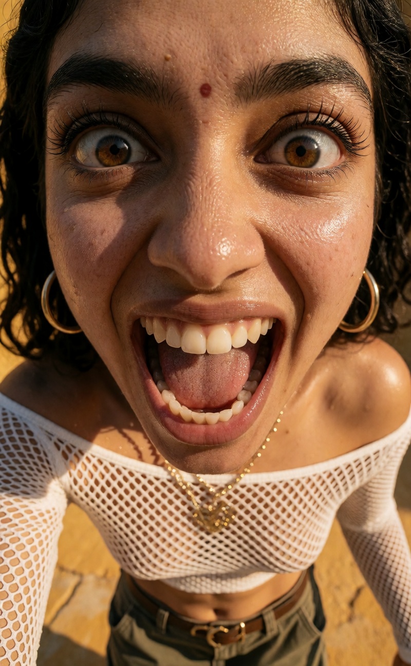 Create an extreme realistic image of a South Asian Y2K model with a crazy wide-eyed,  manic grin,  conveying a wild expres...