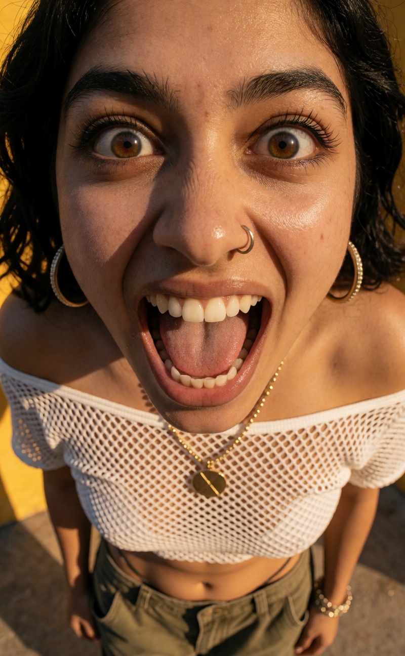 Create an extreme realistic image of a South Asian Y2K model with a crazy wide-eyed,  manic grin,  conveying a wild expres...