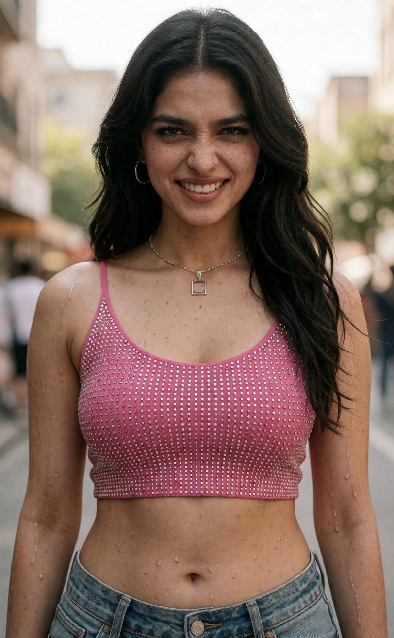 Extreme realistic South Asian Y2K model,  seductive dominant smirk narrowed eyes,  fine pores natural brown skin on Tensor...