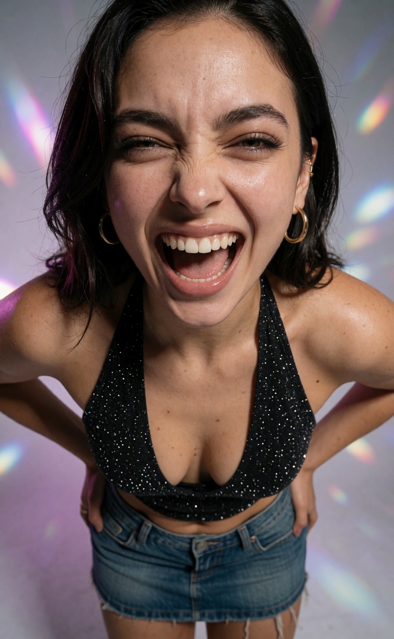 Extreme realistic Y2K woman,  laughing squinted eyes open smile,  fine pores natural texture on Tensor.Art
