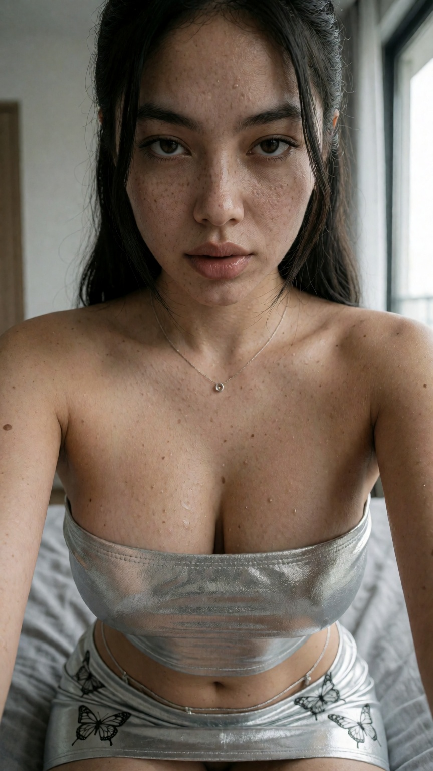 Extreme realistic photograph of a young modern woman in Y2K style,  soft natural skin with fine pores,  subtle freckles on...