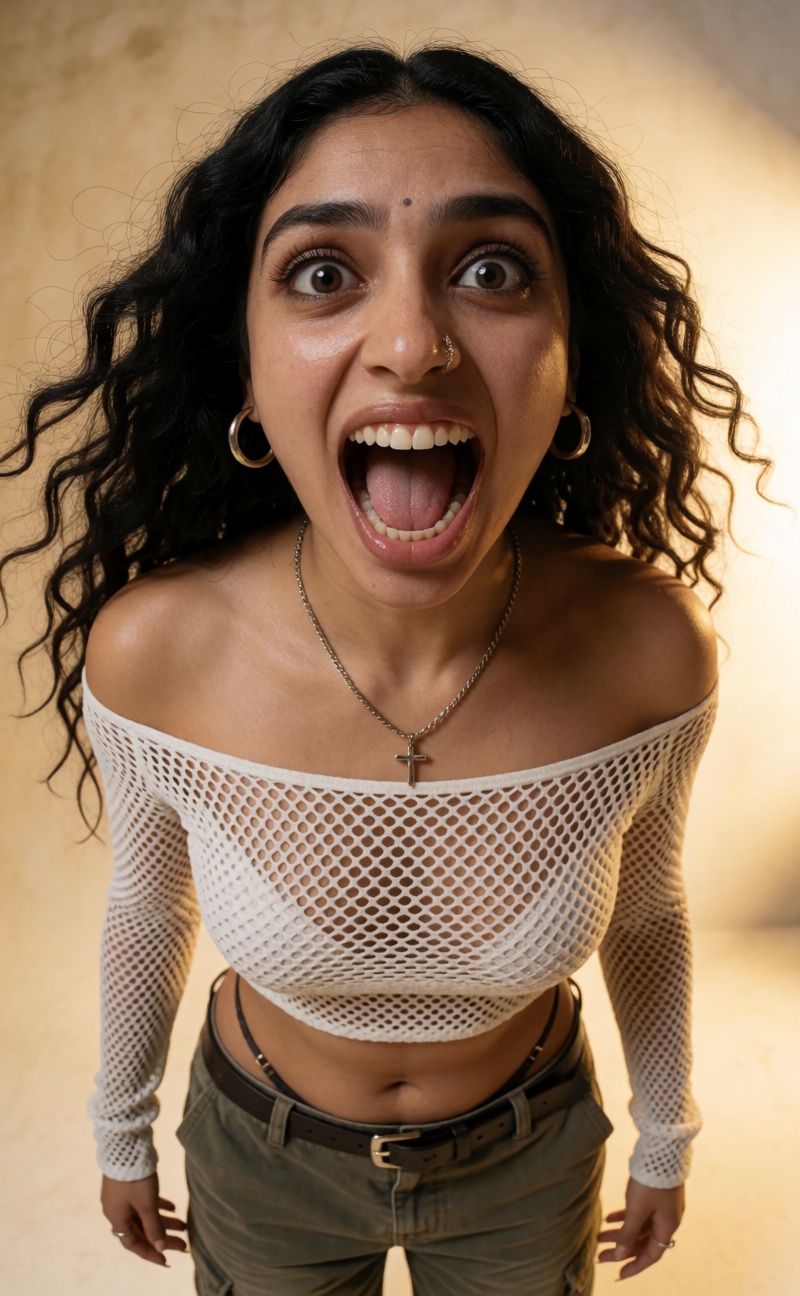 Extreme realistic South Asian Y2K model,  crazy wide eyes manic grin wild expression,  fine pores natural texture on Tenso...